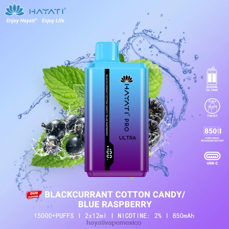 Hayati Pro Ultra desechables 15000 inhalaciones algodón de azúcar grosella negra/frambuesa azul BP44H216 Hayati Vape Near Me