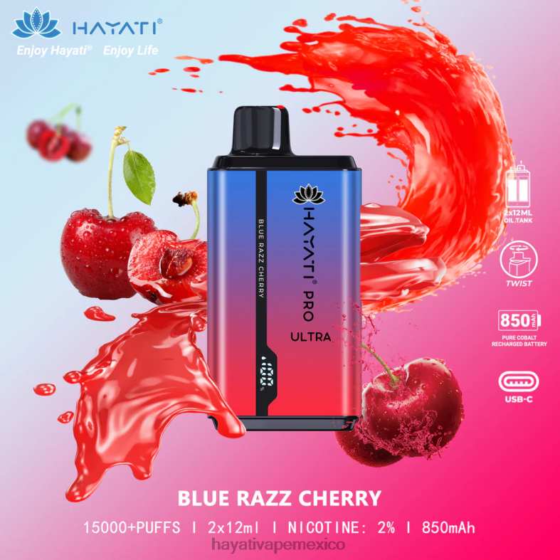 Hayati Pro Ultra desechables 15000 inhalaciones cereza azul BP44H193 Hayati Vape Mexico