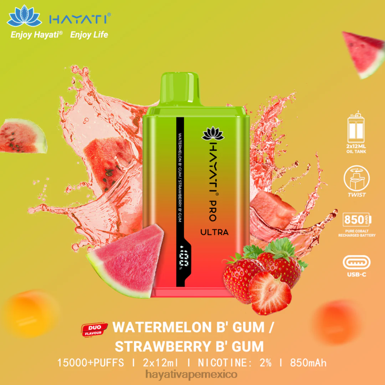 Hayati Pro Ultra desechables 15000 inhalaciones chicle de sandía/chicle de fresa BP44H227 Hayati Vape Review