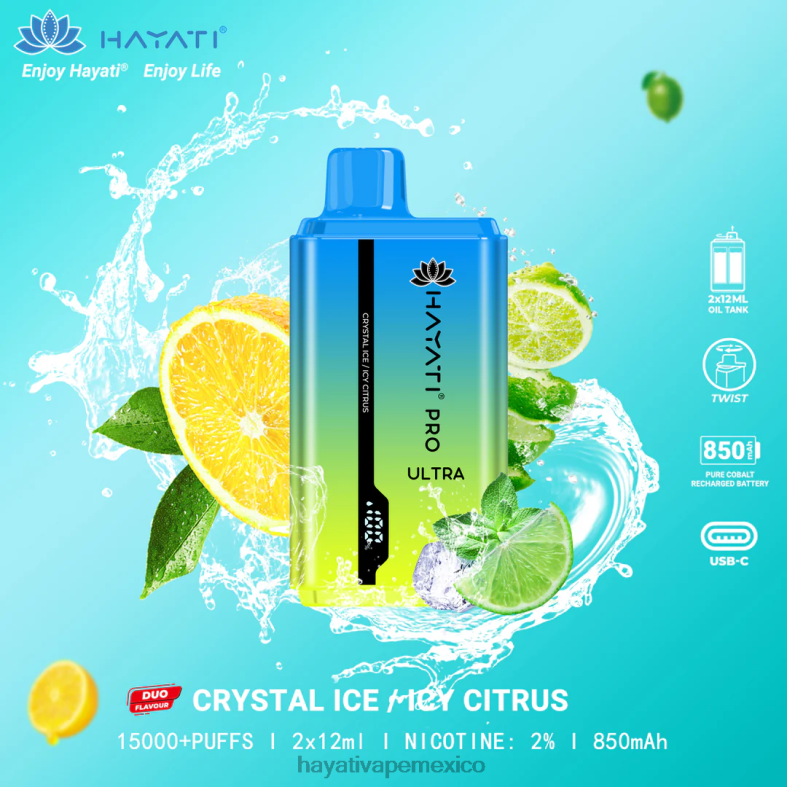 Hayati Pro Ultra desechables 15000 inhalaciones hielo cristalino/cítricos helados BP44H218 Hayati Vapes Wholesale