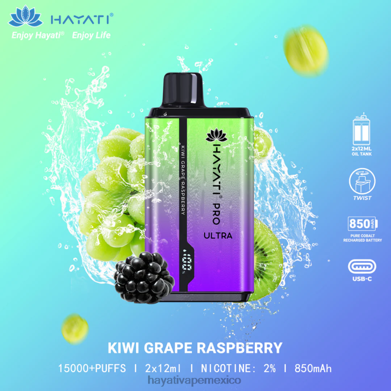 Hayati Pro Ultra desechables 15000 inhalaciones kiwi uva frambuesa BP44H202 Hayati Mexico City