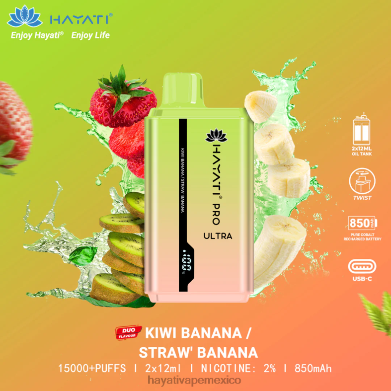Hayati Pro Ultra desechables 15000 inhalaciones plátano kiwi/plátano fresa BP44H222 Hayati Mexico City