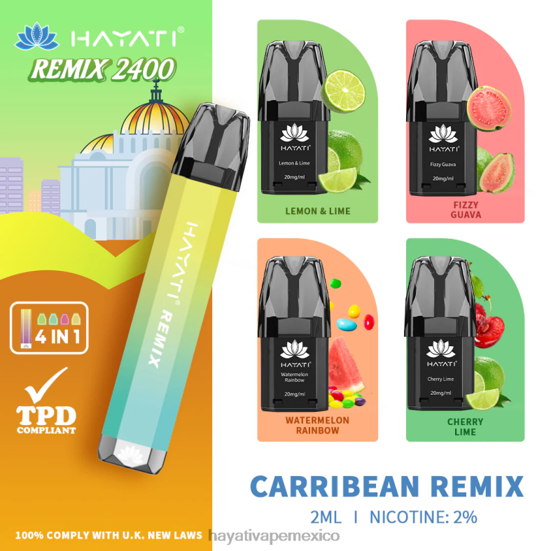 Hayati Remix sistema de cápsulas precargadas 2400 inhalaciones remezcla caribeña BP44H52 Hayati Mexico City
