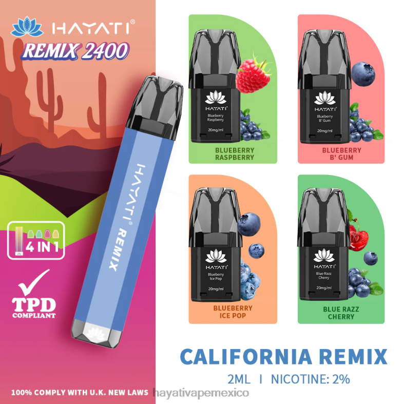 Hayati Remix sistema de cápsulas precargadas 2400 inhalaciones remezcla de california BP44H51 Hayati Mexico