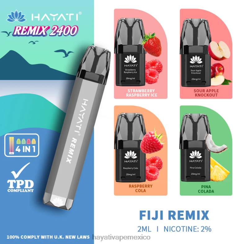 Hayati Remix sistema de cápsulas precargadas 2400 inhalaciones remezcla de fiji BP44H53 Hayati Vape Mexico