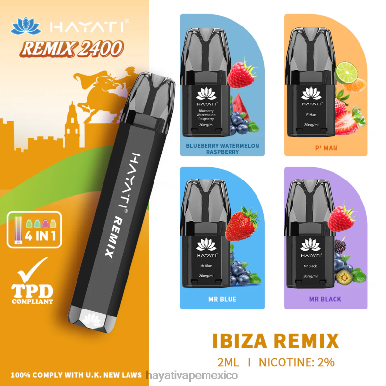 Hayati Remix sistema de cápsulas precargadas 2400 inhalaciones remezcla de ibiza BP44H55 Hayati Vape Liquid